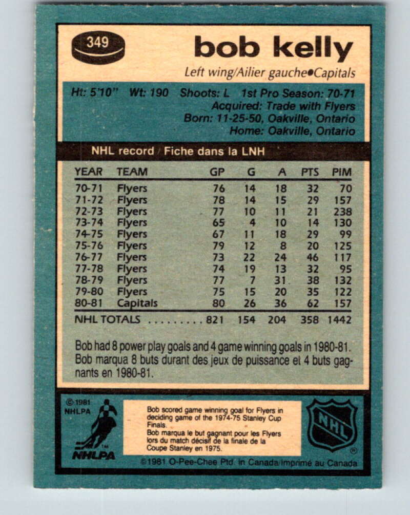 1981-82 O-Pee-Chee #349 Bob Kelly  Washington Capitals  V31963