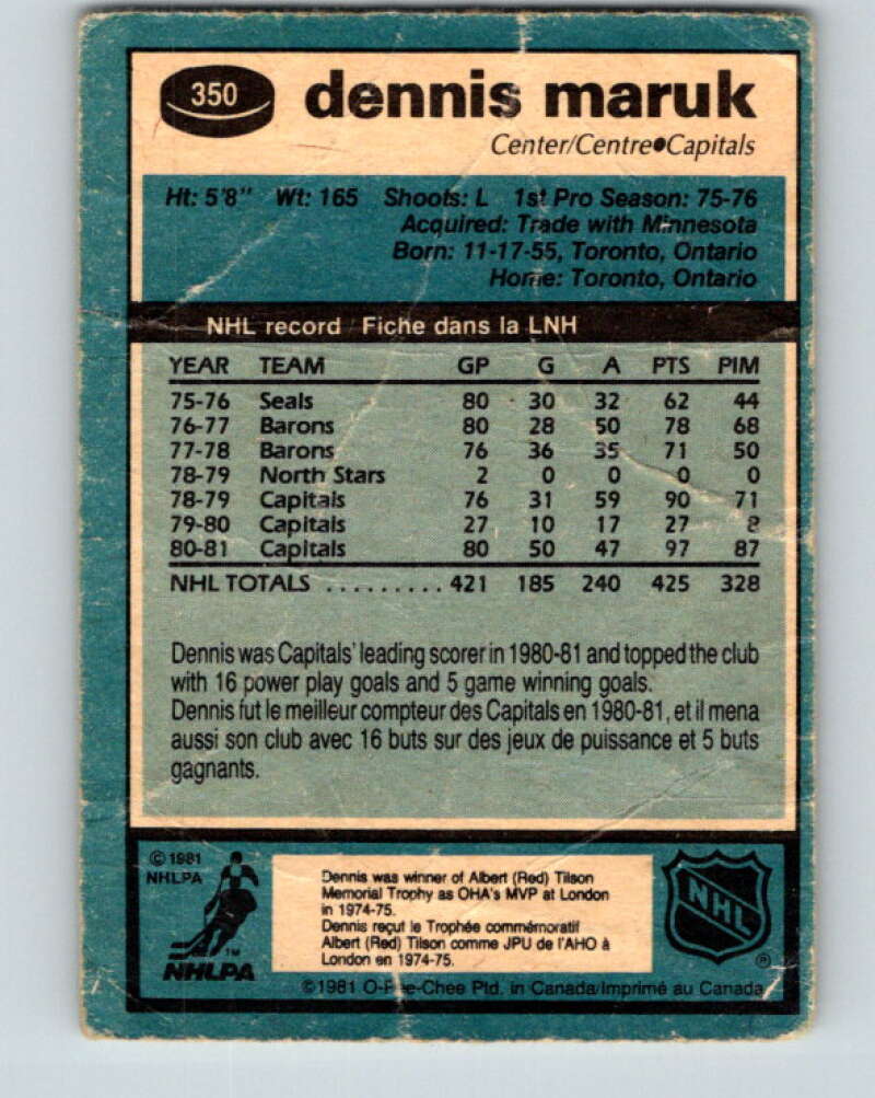 1981-82 O-Pee-Chee #350 Dennis Maruk  Washington Capitals  V31968