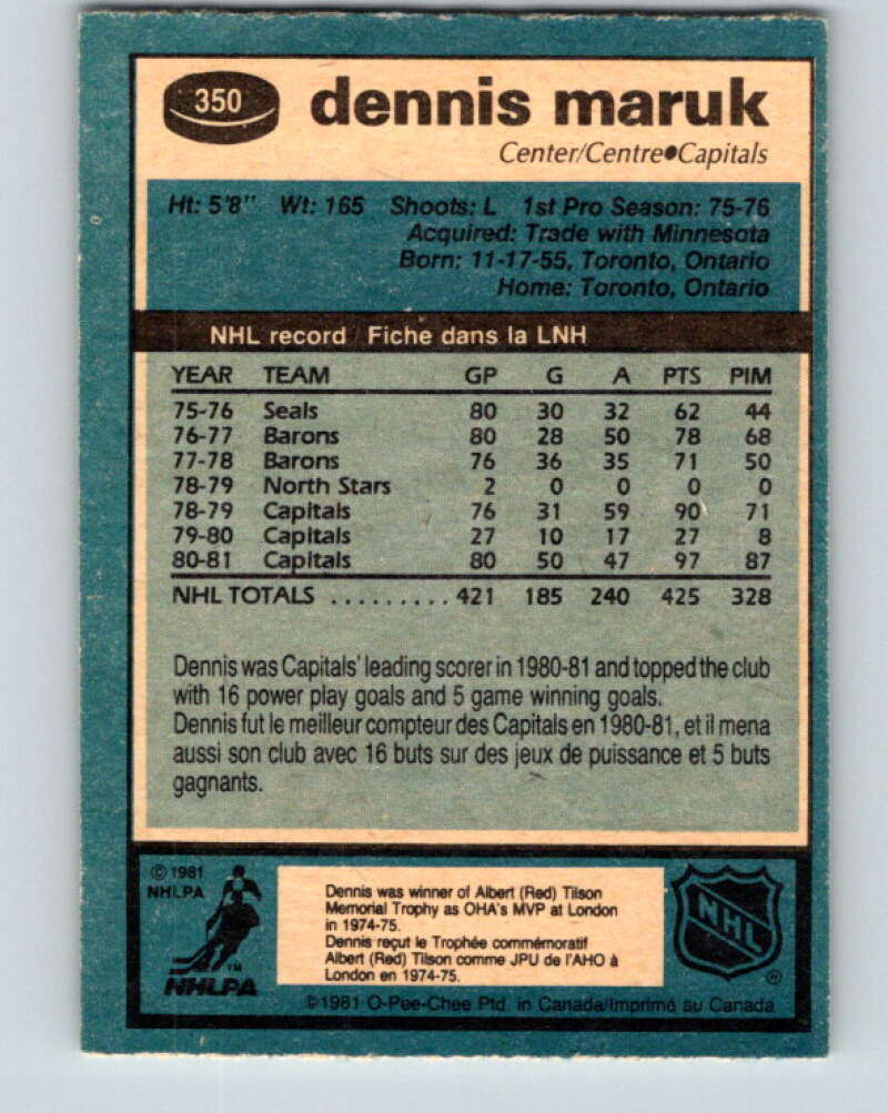 1981-82 O-Pee-Chee #350 Dennis Maruk  Washington Capitals  V31969