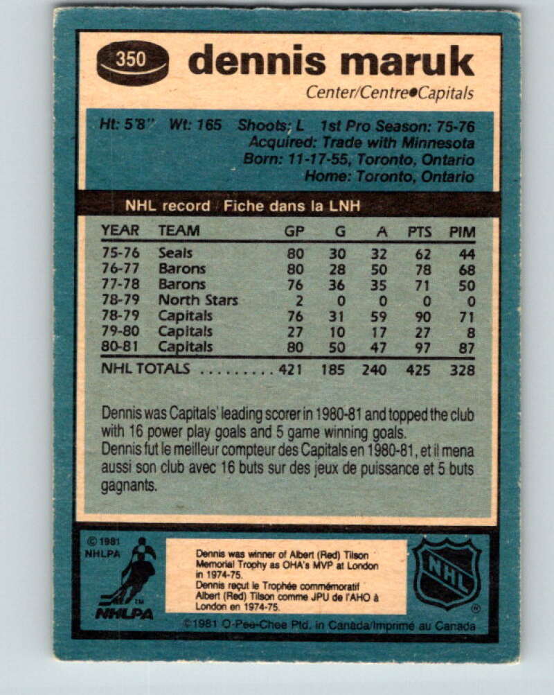 1981-82 O-Pee-Chee #350 Dennis Maruk  Washington Capitals  V31971