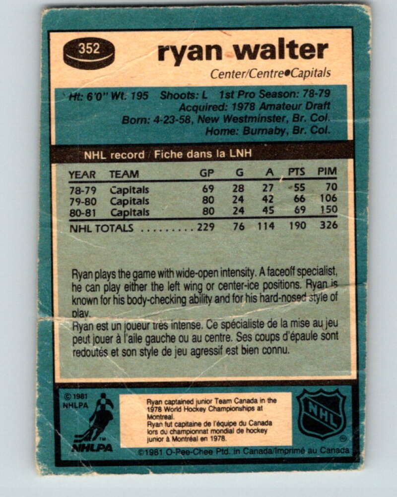 1981-82 O-Pee-Chee #352 Ryan Walter  Washington Capitals  V31980