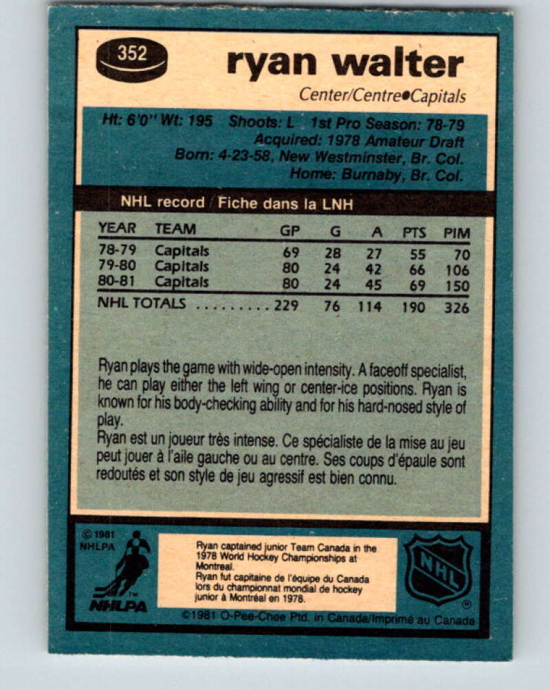 1981-82 O-Pee-Chee #352 Ryan Walter  Washington Capitals  V31983