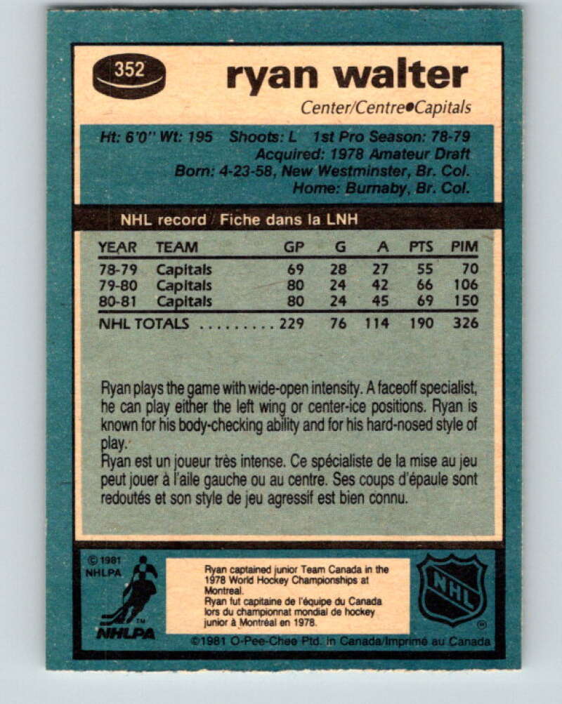 1981-82 O-Pee-Chee #352 Ryan Walter  Washington Capitals  V31987