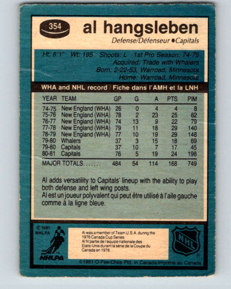 1981-82 O-Pee-Chee #354 Alan Hangsleben  Washington Capitals  V31995