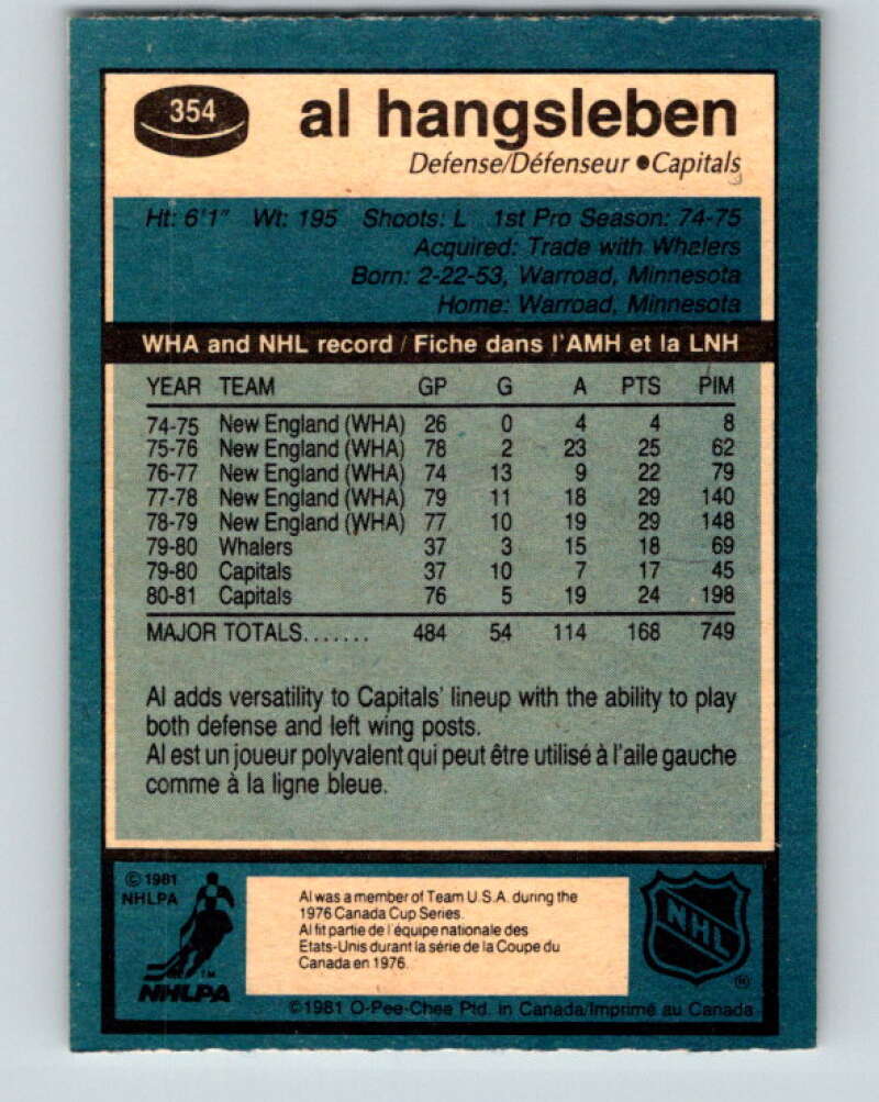 1981-82 O-Pee-Chee #354 Alan Hangsleben  Washington Capitals  V31998