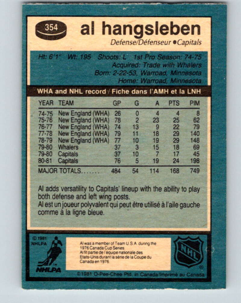 1981-82 O-Pee-Chee #354 Alan Hangsleben  Washington Capitals  V32000