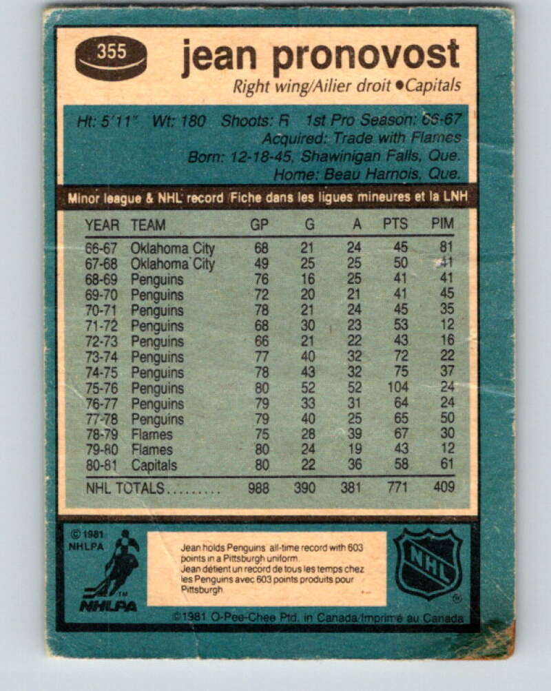 1981-82 O-Pee-Chee #355 Jean Pronovost  Washington Capitals  V32001