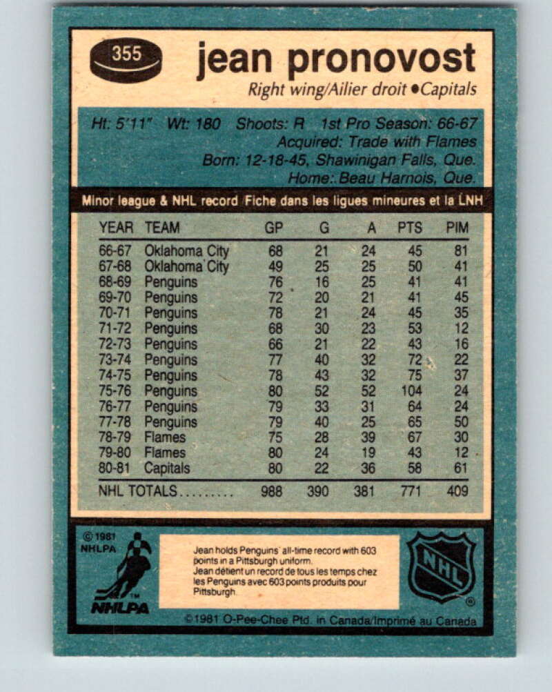 1981-82 O-Pee-Chee #355 Jean Pronovost  Washington Capitals  V32002