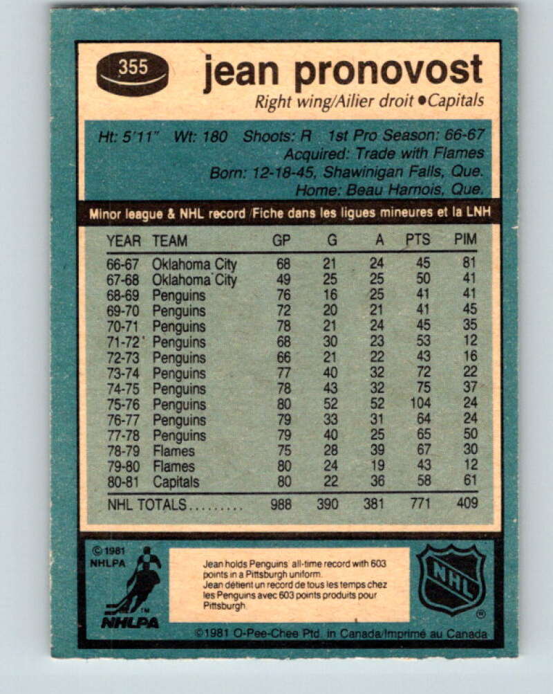 1981-82 O-Pee-Chee #355 Jean Pronovost  Washington Capitals  V32005