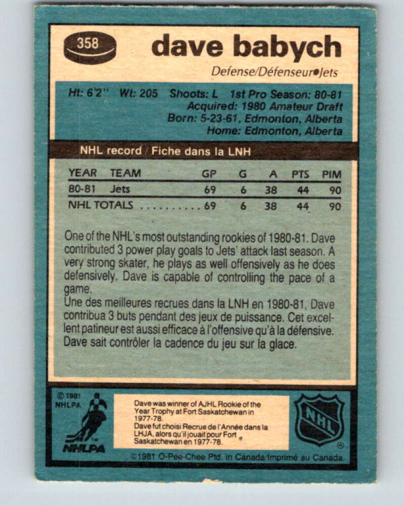 1981-82 O-Pee-Chee #358 Dave Babych  RC Rookie Winnipeg Jets  V32026