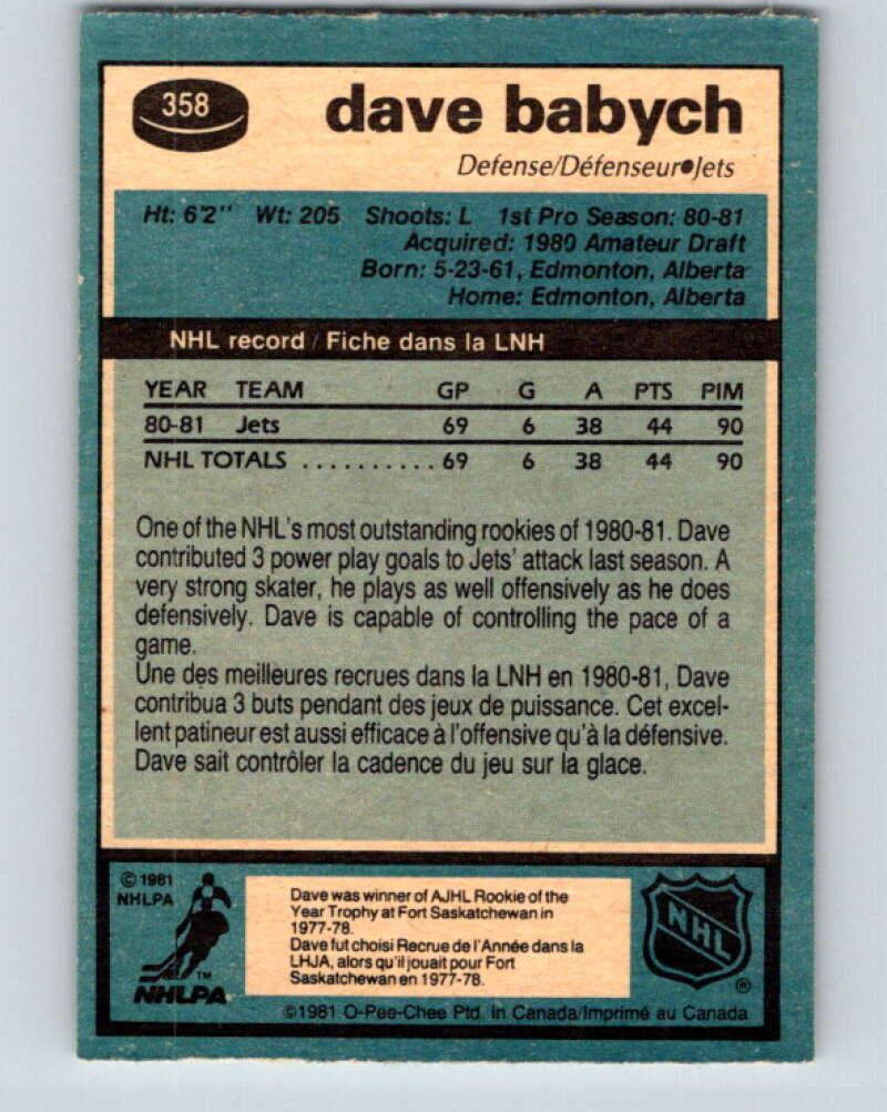 1981-82 O-Pee-Chee #358 Dave Babych  RC Rookie Winnipeg Jets  V32029