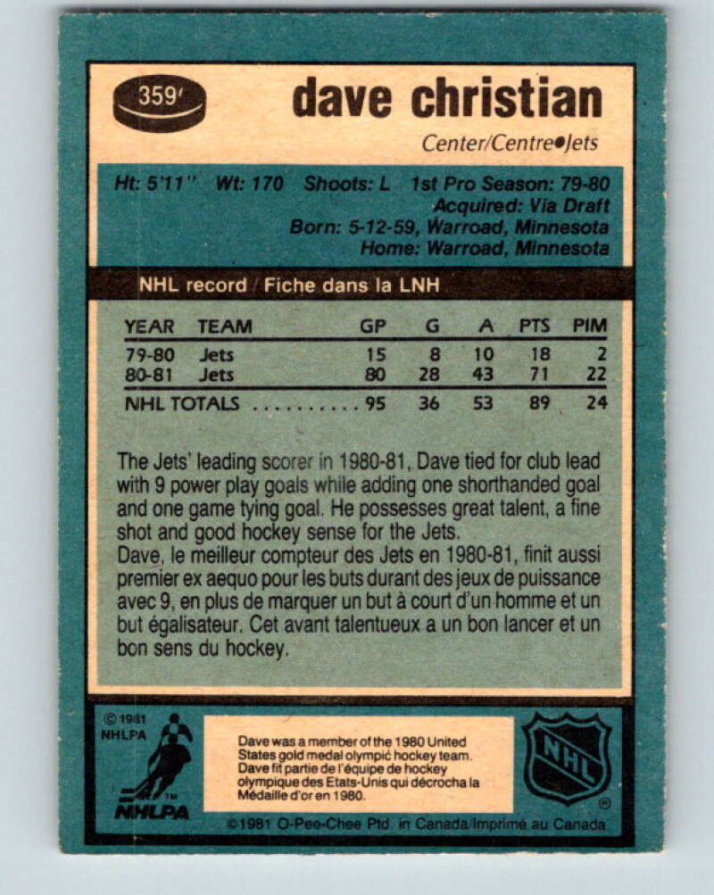 1981-82 O-Pee-Chee #359 Dave Christian  Winnipeg Jets  V32031