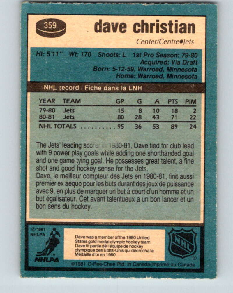 1981-82 O-Pee-Chee #359 Dave Christian  Winnipeg Jets  V32034