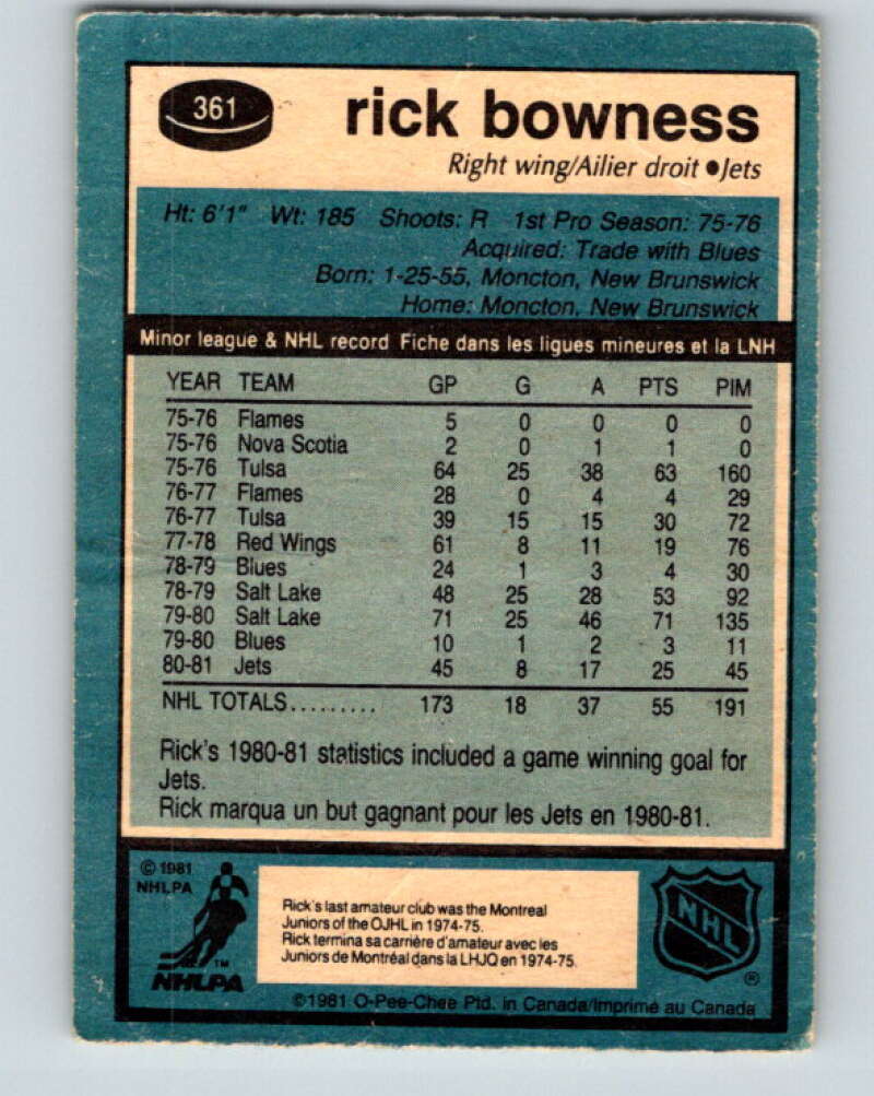 1981-82 O-Pee-Chee #361 Rick Bowness  Winnipeg Jets  V32044