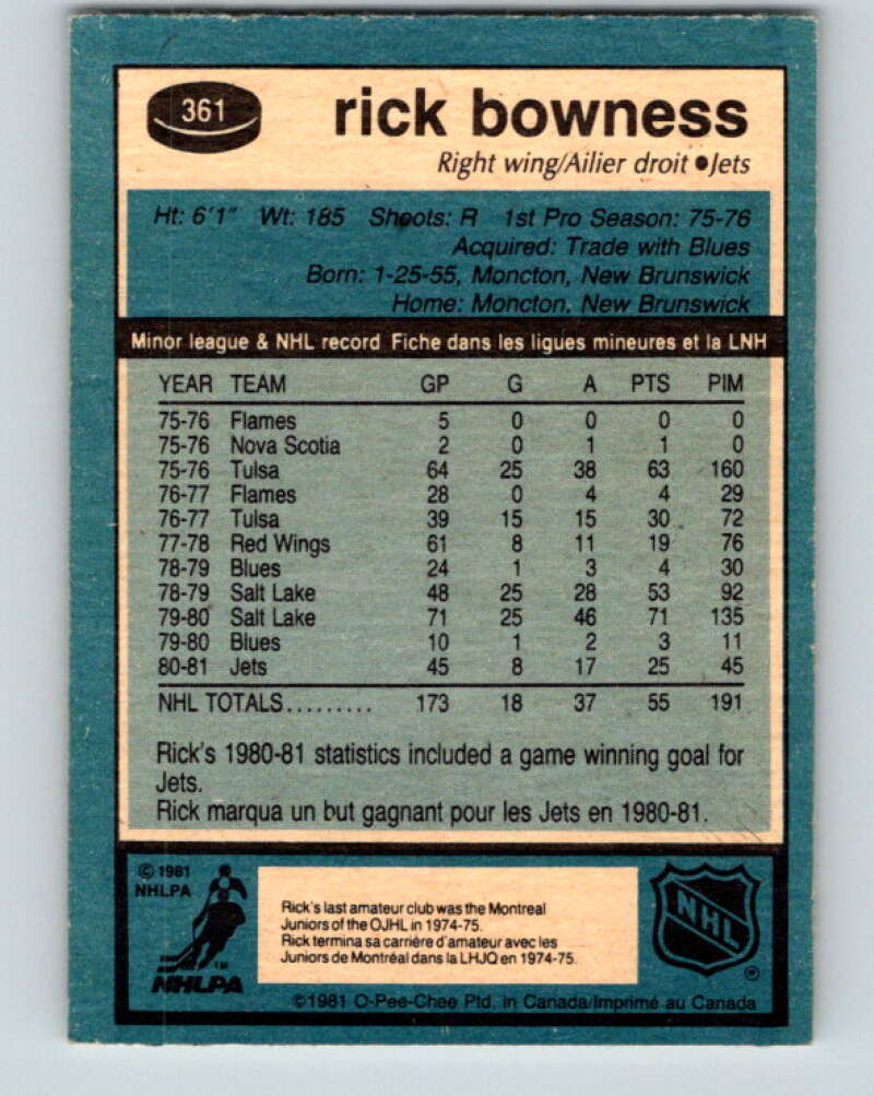 1981-82 O-Pee-Chee #361 Rick Bowness  Winnipeg Jets  V32047