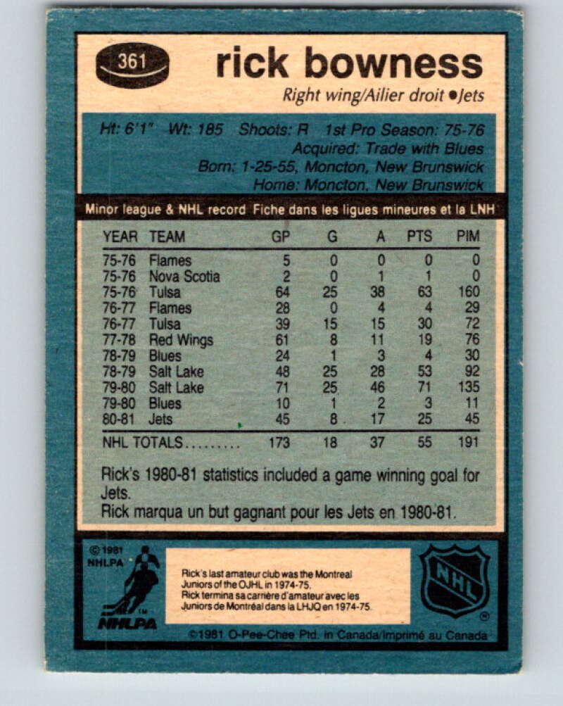 1981-82 O-Pee-Chee #361 Rick Bowness  Winnipeg Jets  V32050