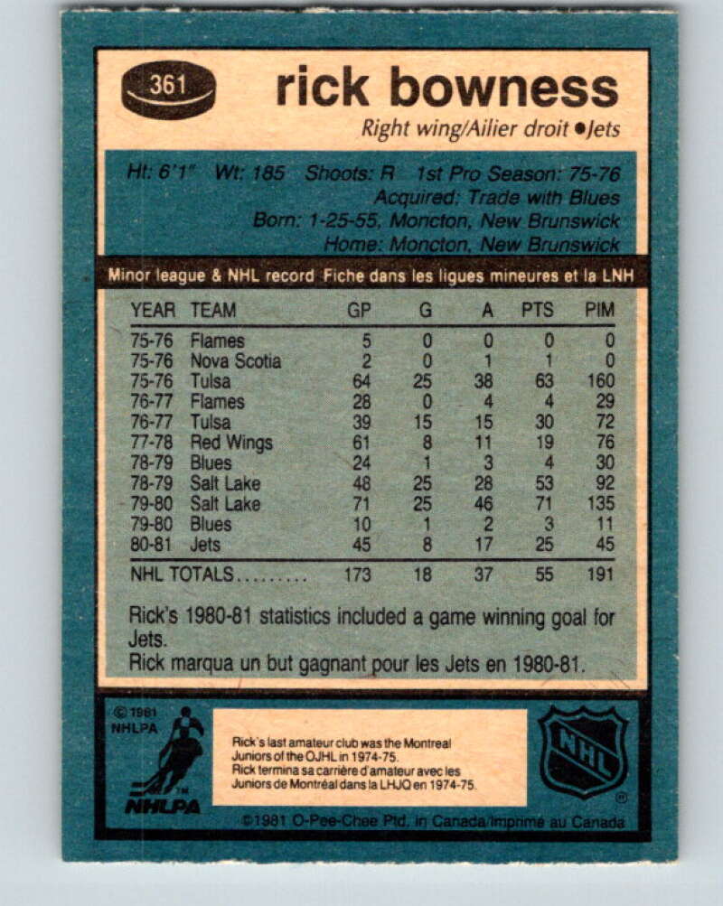 1981-82 O-Pee-Chee #361 Rick Bowness  Winnipeg Jets  V32052
