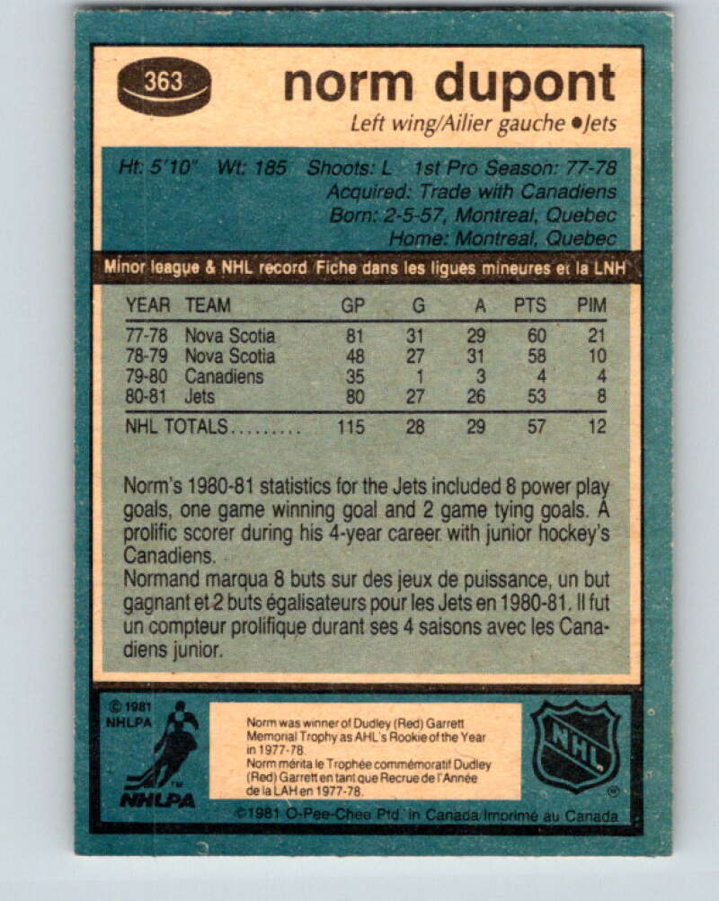 1981-82 O-Pee-Chee #363 Norm Dupont  RC Rookie Winnipeg Jets  V32062