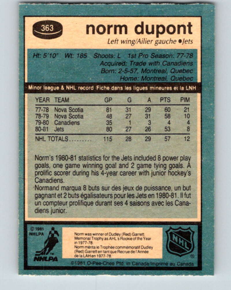 1981-82 O-Pee-Chee #363 Norm Dupont  RC Rookie Winnipeg Jets  V32063