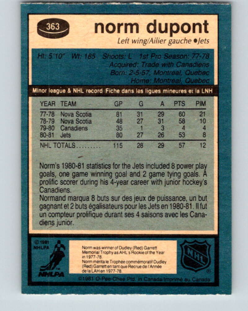 1981-82 O-Pee-Chee #363 Norm Dupont  RC Rookie Winnipeg Jets  V32065