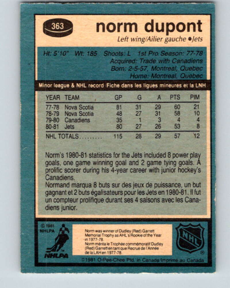 1981-82 O-Pee-Chee #363 Norm Dupont  RC Rookie Winnipeg Jets  V32067