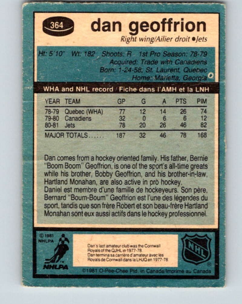 1981-82 O-Pee-Chee #364 Dan Geoffrion  RC Rookie Winnipeg Jets  V32071