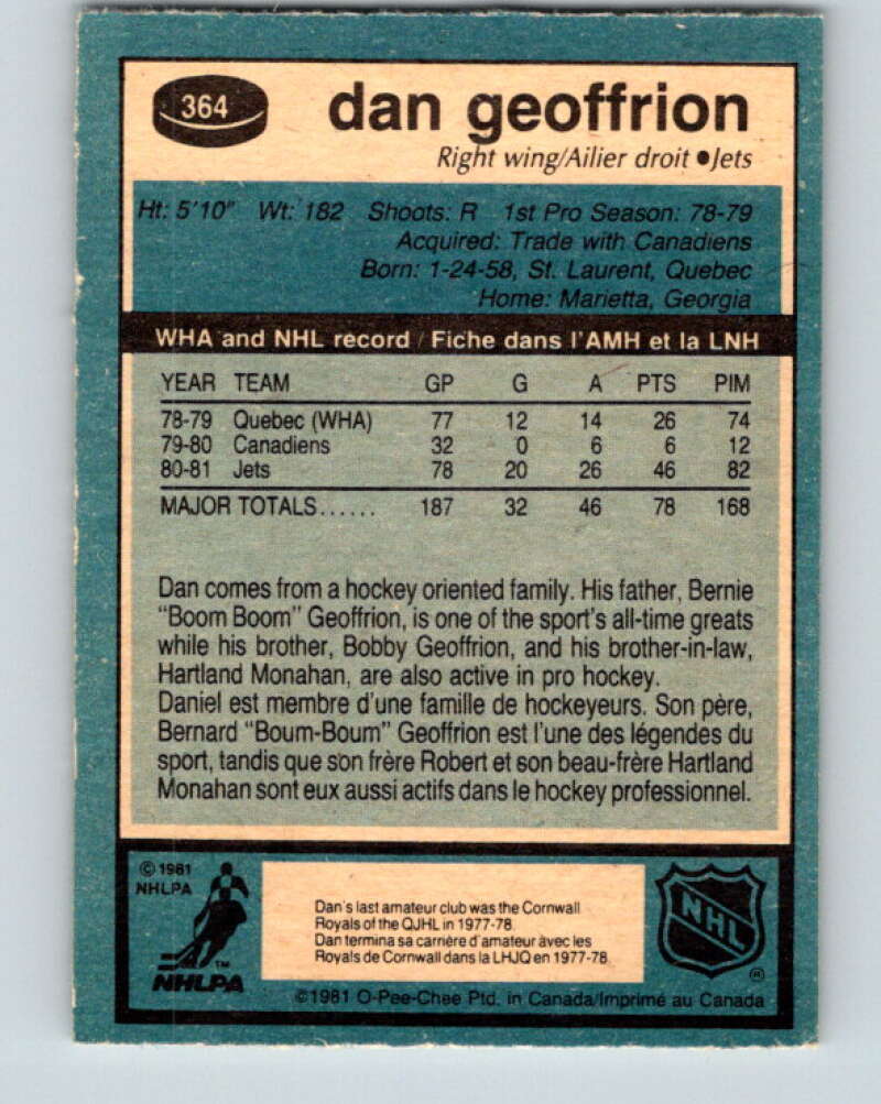 1981-82 O-Pee-Chee #364 Dan Geoffrion  RC Rookie Winnipeg Jets  V32072