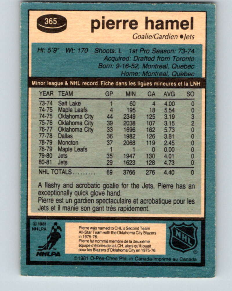 1981-82 O-Pee-Chee #365 Pierre Hamel  Winnipeg Jets  V32079