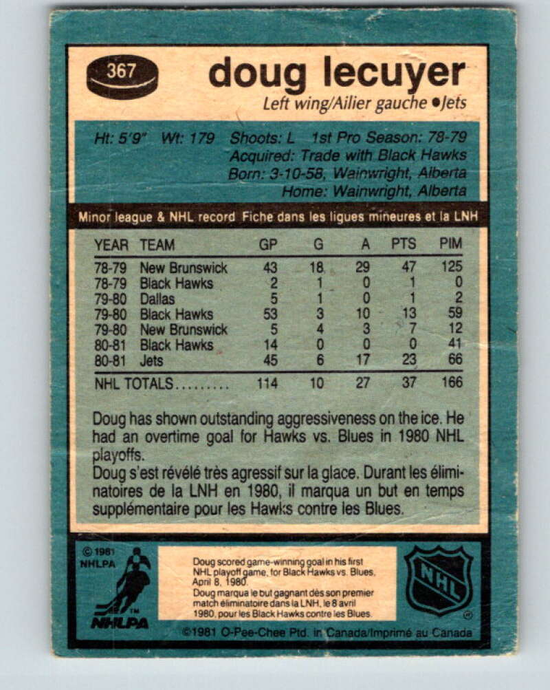 1981-82 O-Pee-Chee #367 Doug Lecuyer  RC Rookie Winnipeg Jets  V32091