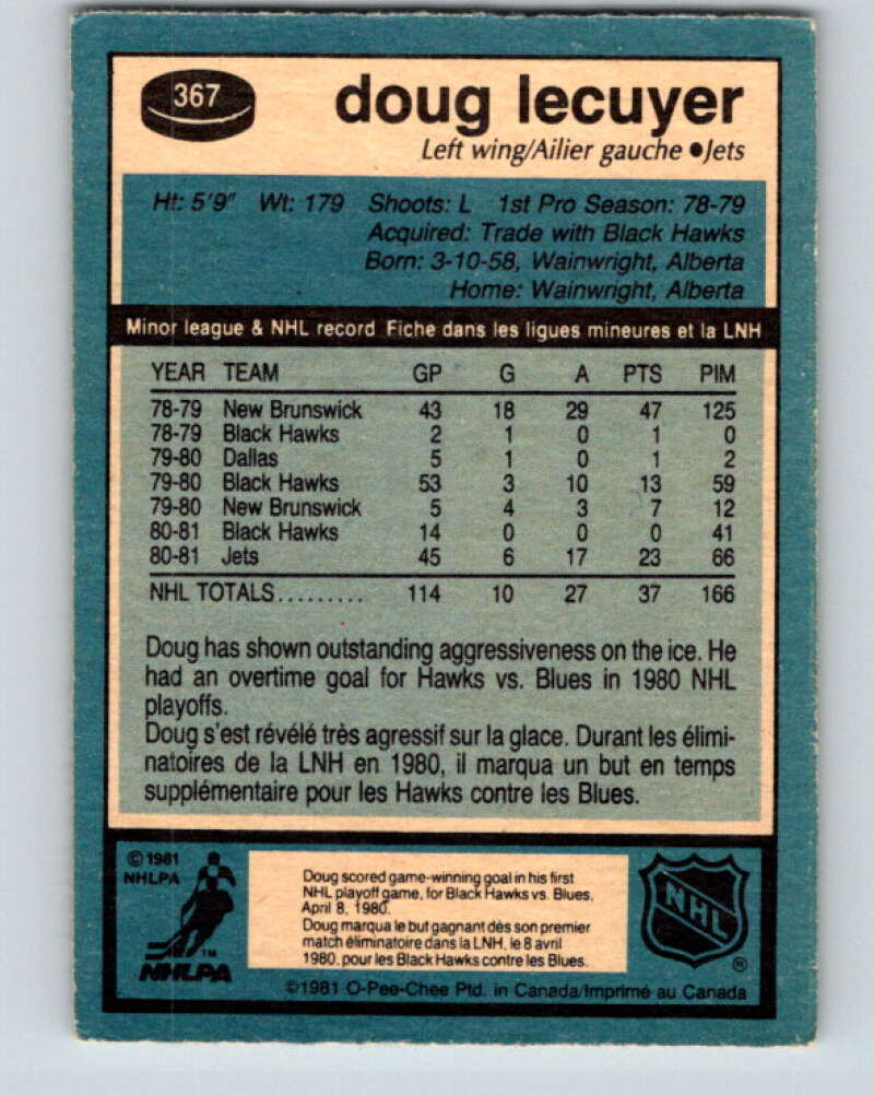 1981-82 O-Pee-Chee #367 Doug Lecuyer  RC Rookie Winnipeg Jets  V32092