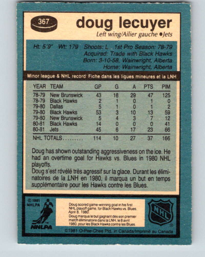 1981-82 O-Pee-Chee #367 Doug Lecuyer  RC Rookie Winnipeg Jets  V32093