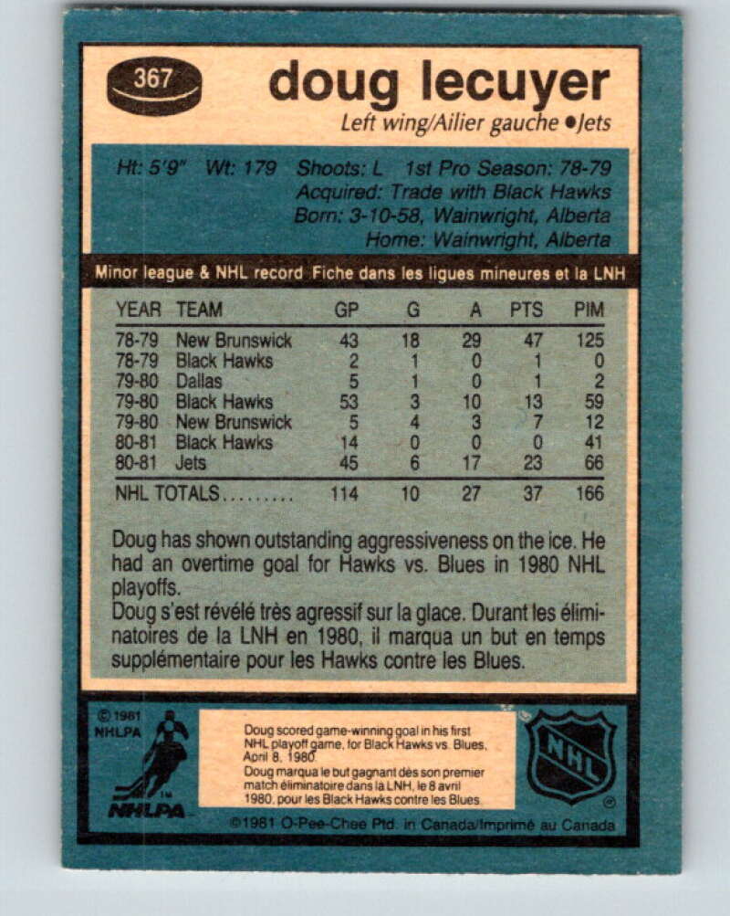 1981-82 O-Pee-Chee #367 Doug Lecuyer  RC Rookie Winnipeg Jets  V32094