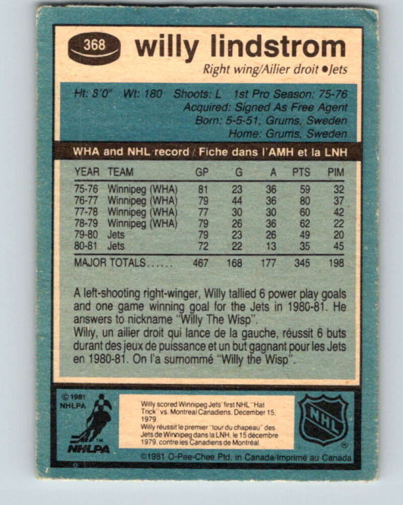 1981-82 O-Pee-Chee #368 Willy Lindstrom  Winnipeg Jets  V32097