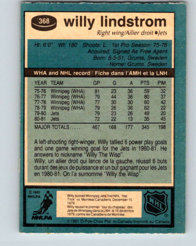 1981-82 O-Pee-Chee #368 Willy Lindstrom  Winnipeg Jets  V32098