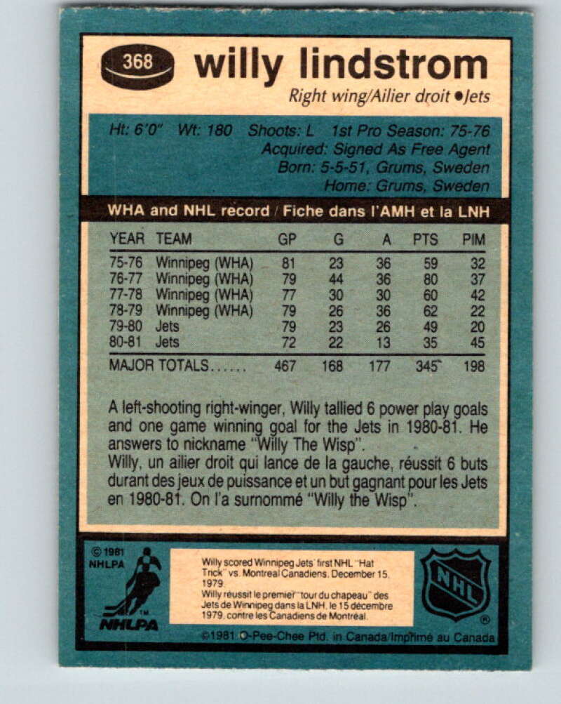 1981-82 O-Pee-Chee #368 Willy Lindstrom  Winnipeg Jets  V32099