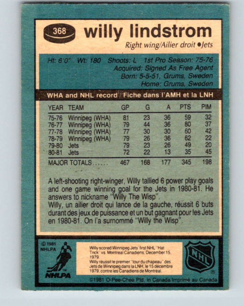 1981-82 O-Pee-Chee #368 Willy Lindstrom  Winnipeg Jets  V32100