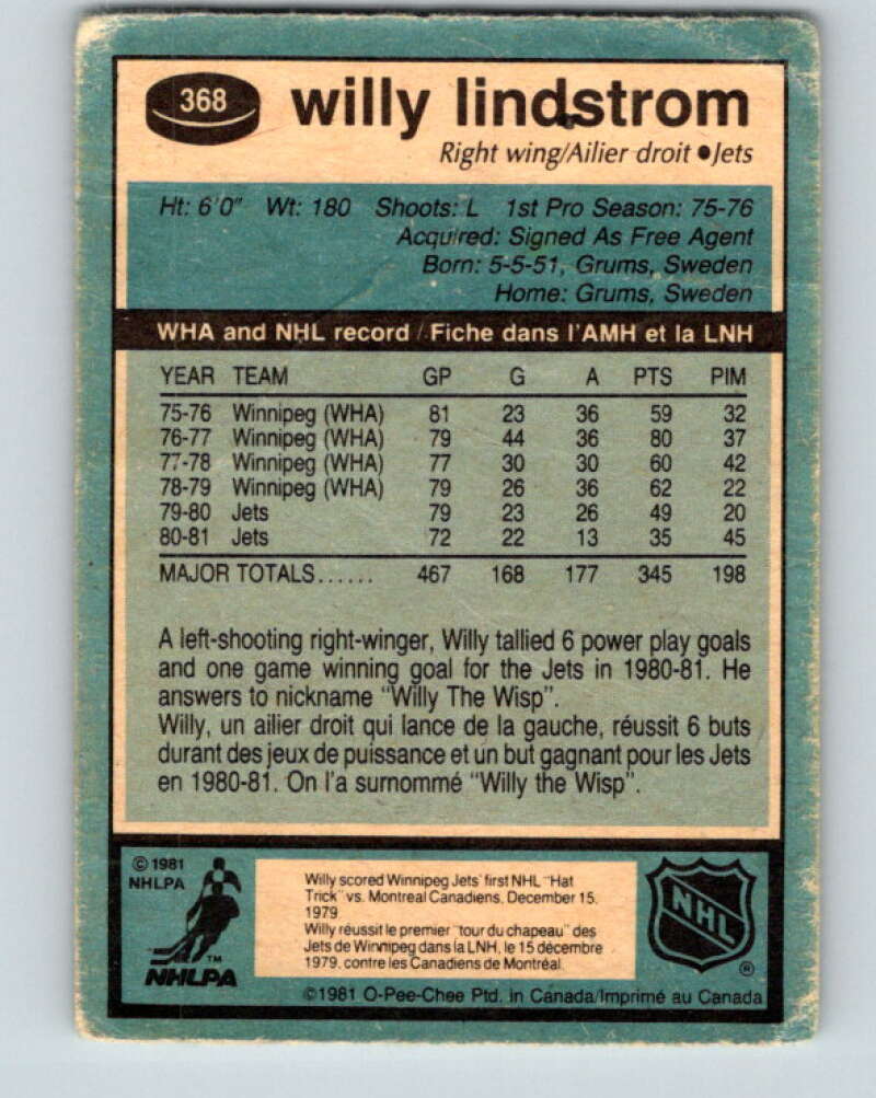 1981-82 O-Pee-Chee #368 Willy Lindstrom  Winnipeg Jets  V32101