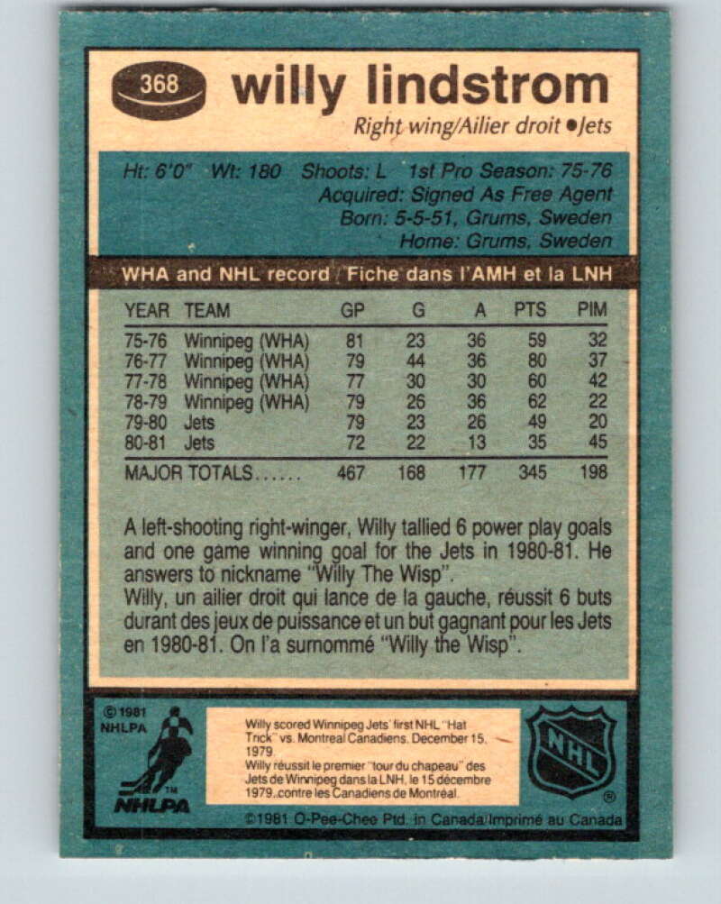 1981-82 O-Pee-Chee #368 Willy Lindstrom  Winnipeg Jets  V32104