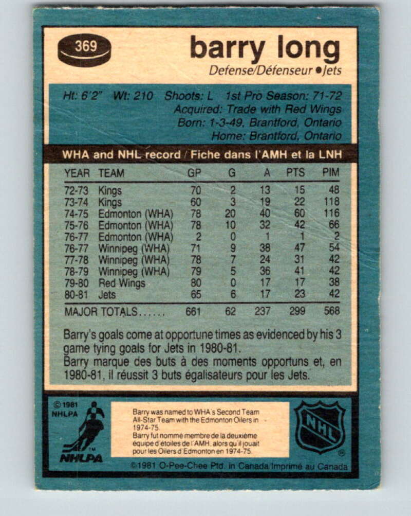 1981-82 O-Pee-Chee #369 Barry Long  Winnipeg Jets  V32109