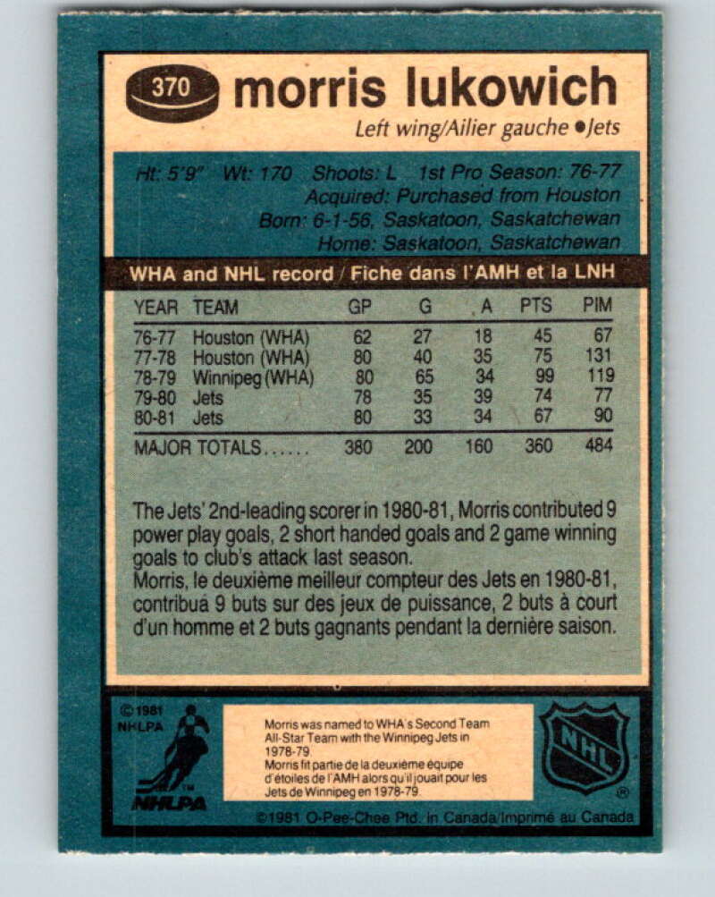 1981-82 O-Pee-Chee #370 Morris Lukowich  Winnipeg Jets  V32112