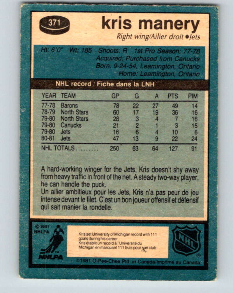 1981-82 O-Pee-Chee #371 Kris Manery  Winnipeg Jets  V32119