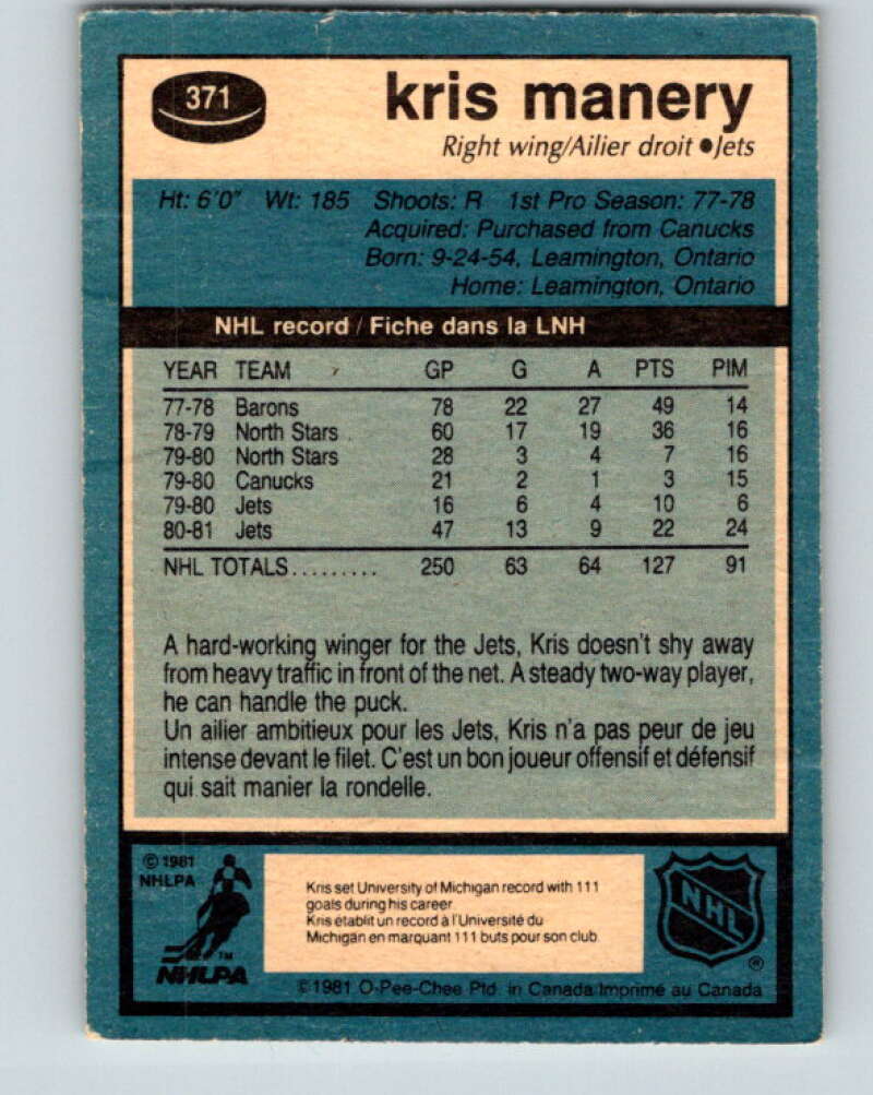 1981-82 O-Pee-Chee #371 Kris Manery  Winnipeg Jets  V32120