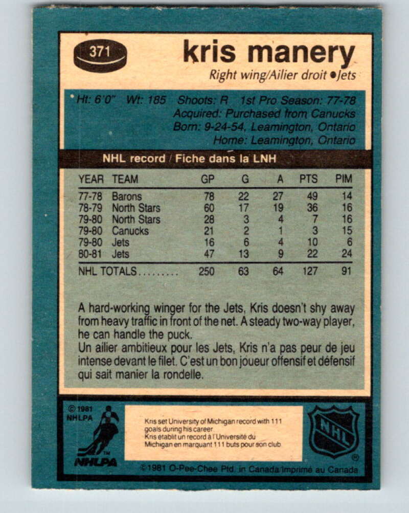 1981-82 O-Pee-Chee #371 Kris Manery  Winnipeg Jets  V32123