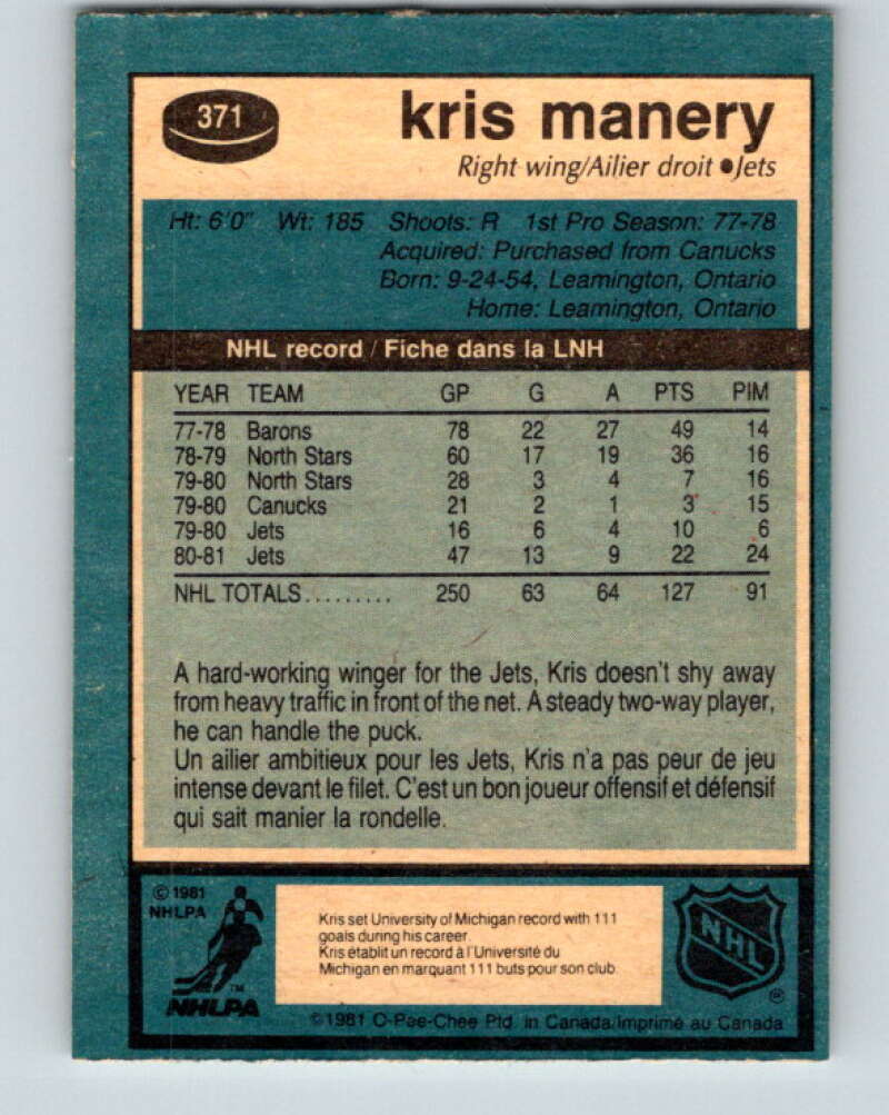 1981-82 O-Pee-Chee #371 Kris Manery  Winnipeg Jets  V32124