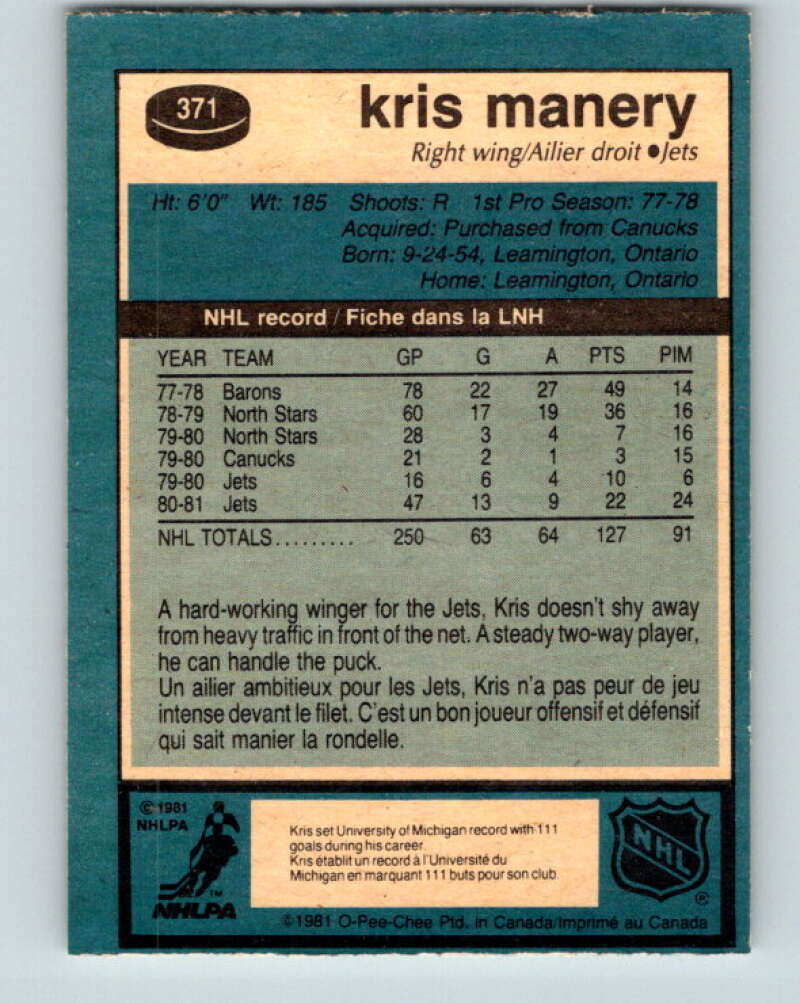 1981-82 O-Pee-Chee #371 Kris Manery  Winnipeg Jets  V32125