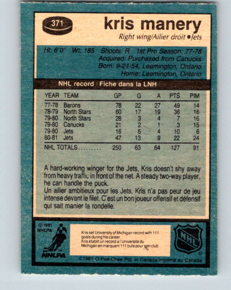 1981-82 O-Pee-Chee #371 Kris Manery  Winnipeg Jets  V32127