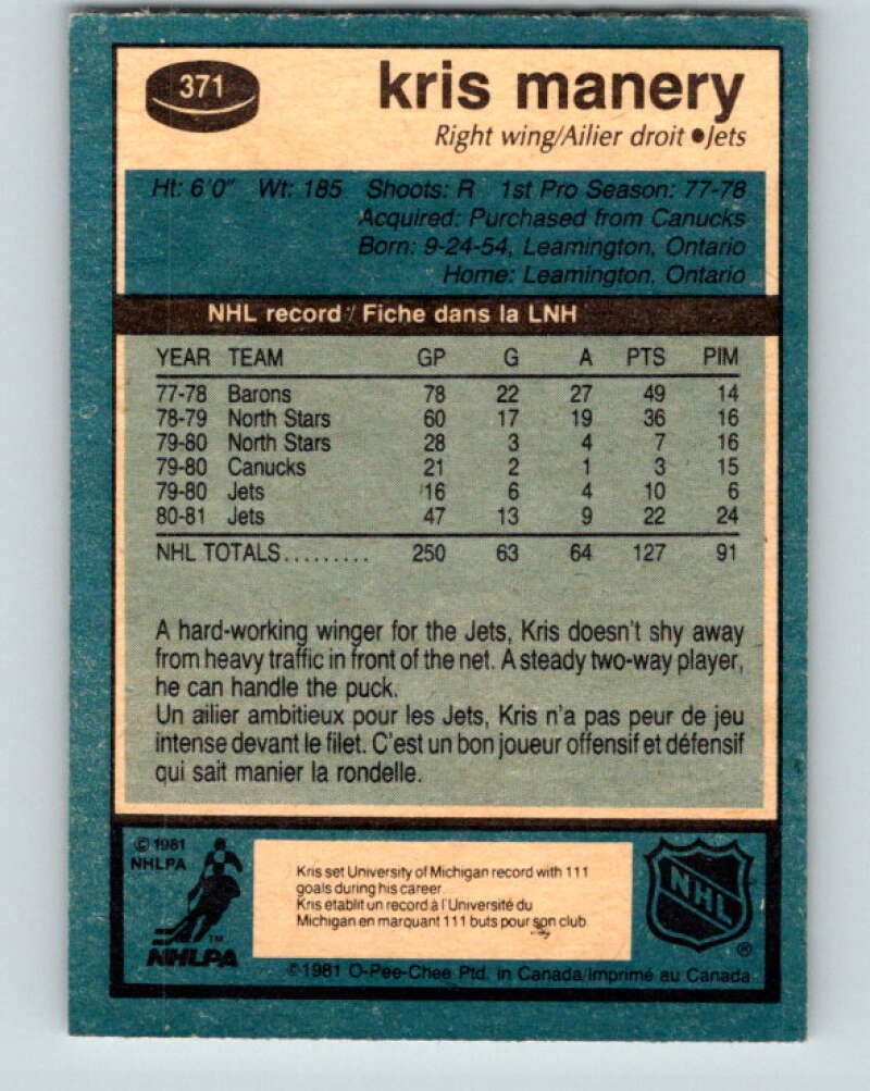 1981-82 O-Pee-Chee #371 Kris Manery  Winnipeg Jets  V32128