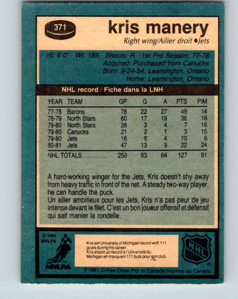 1981-82 O-Pee-Chee #371 Kris Manery  Winnipeg Jets  V32129