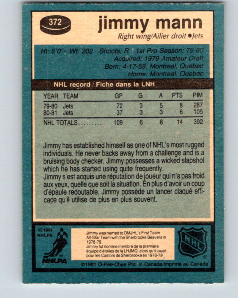 1981-82 O-Pee-Chee #372 Jimmy Mann  Winnipeg Jets  V32130