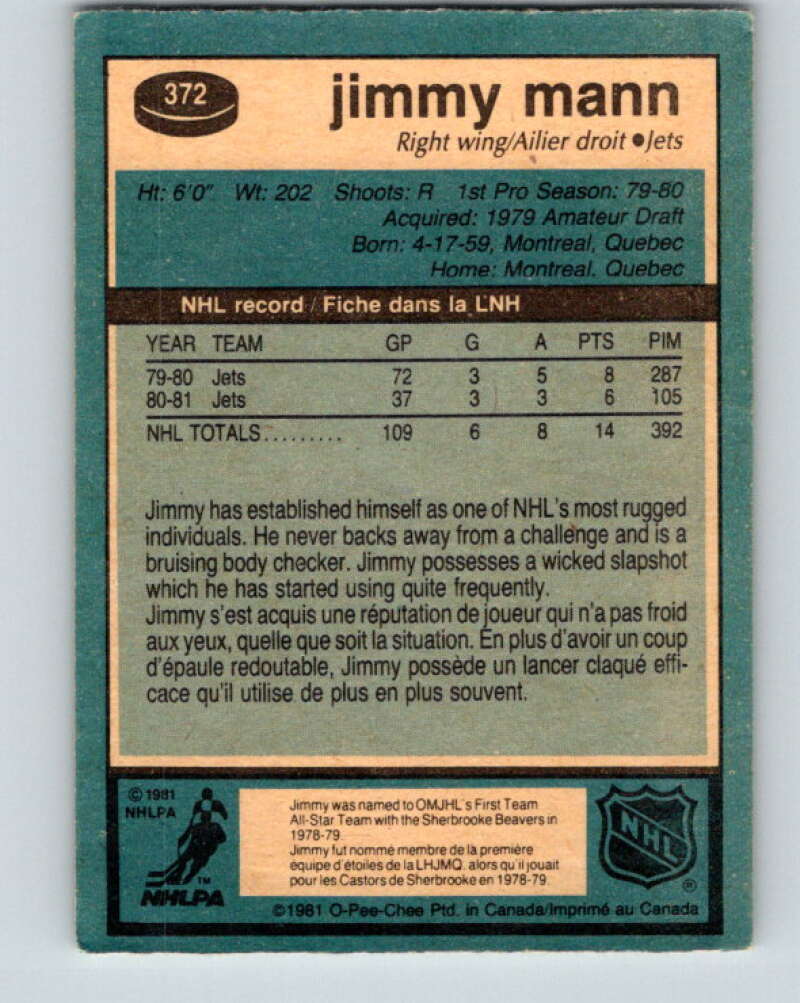 1981-82 O-Pee-Chee #372 Jimmy Mann  Winnipeg Jets  V32131